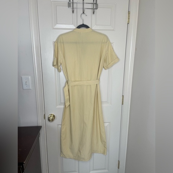 ICHI Yellow Striped Belted Shirt Dress Button Down Midi Short Sleeve Pockets - Picture 9 of 14